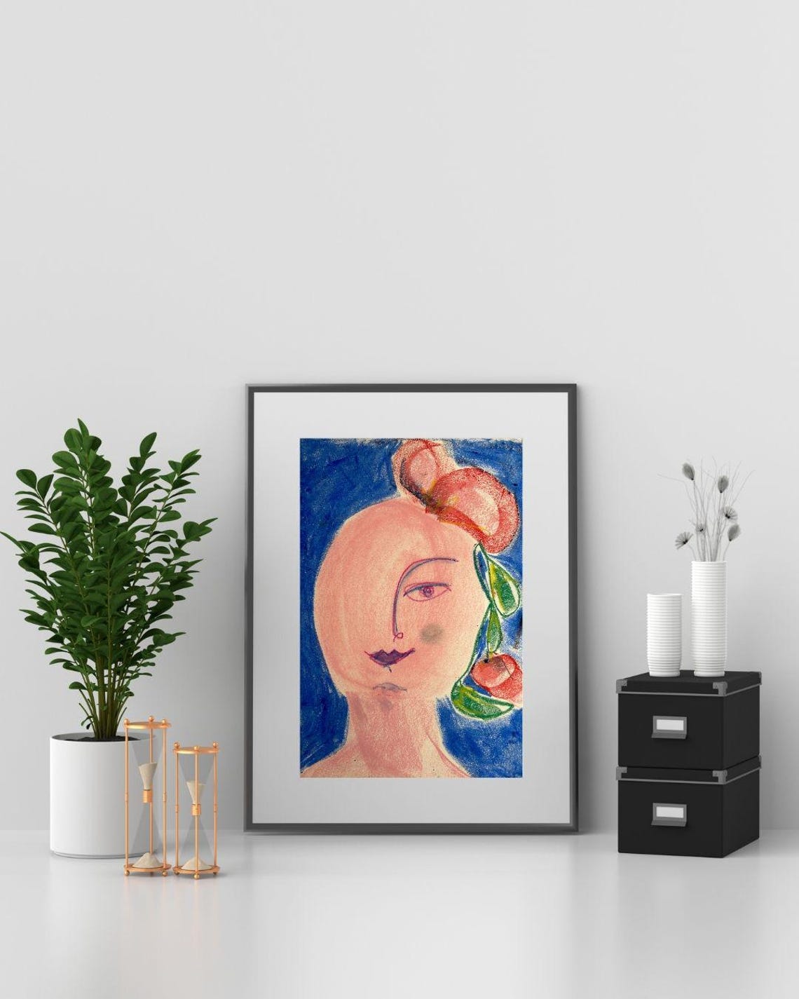 Abstract Female Face With Flowers Modernist Blue Portrait Poster