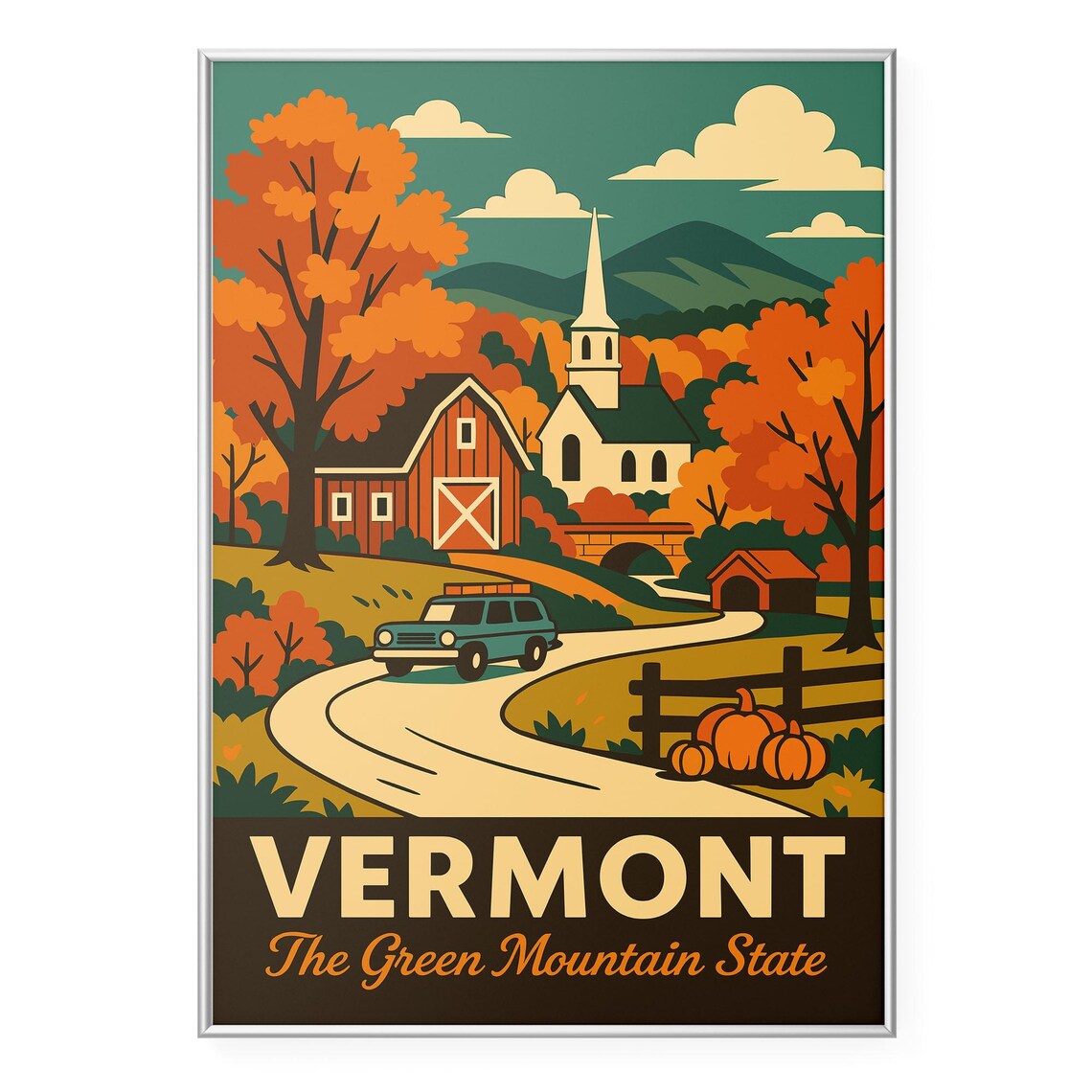 Vermont The Green Mountain State Retro Fall Foliage Travel Poster