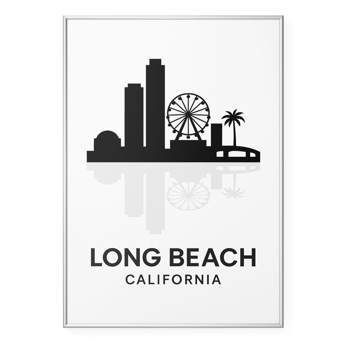 Long Beach California Skyline Silhouette Mirrored Reflection Poster