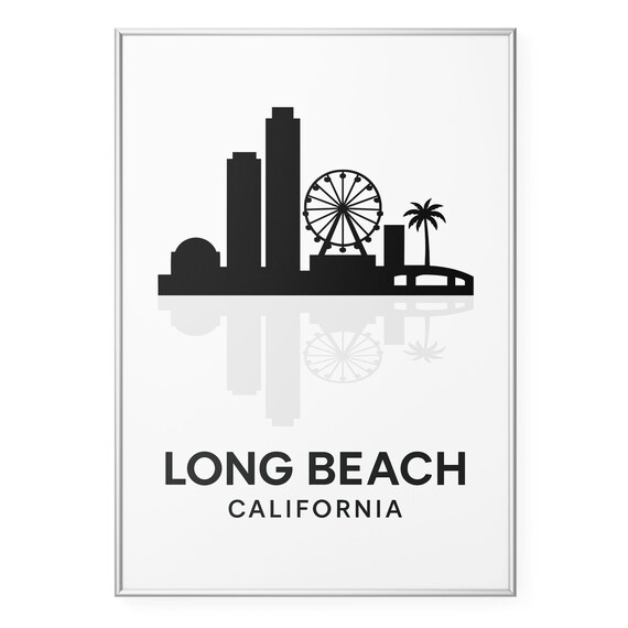Long Beach California Skyline Silhouette Mirrored Reflection Poster