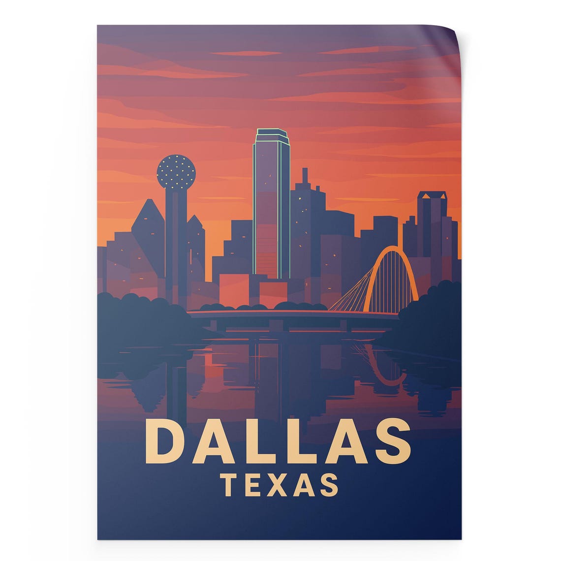 Dallas Texas Sunset Skyline Reunion Tower Retro Travel Poster