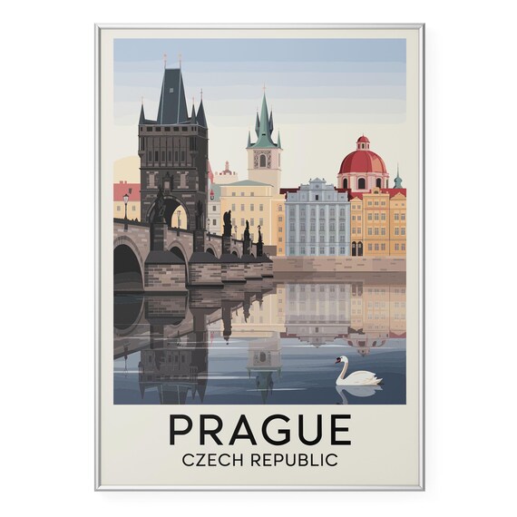 Prague Czech Republic Charles Bridge Reflection Swan Vintage Travel Poster