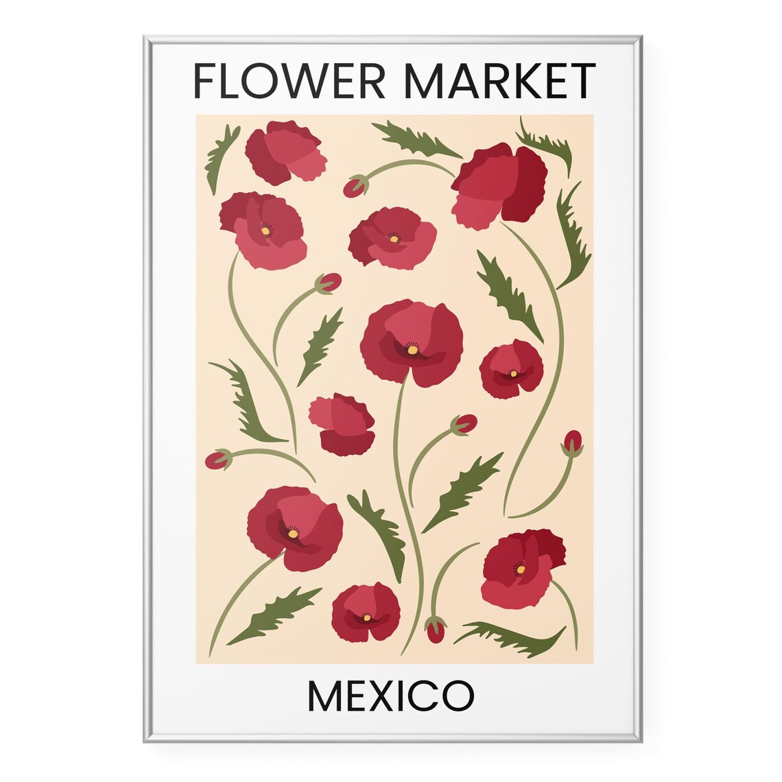 Flower Market Mexico Red Poppy Botanical Vintage Style Travel Art Poster
