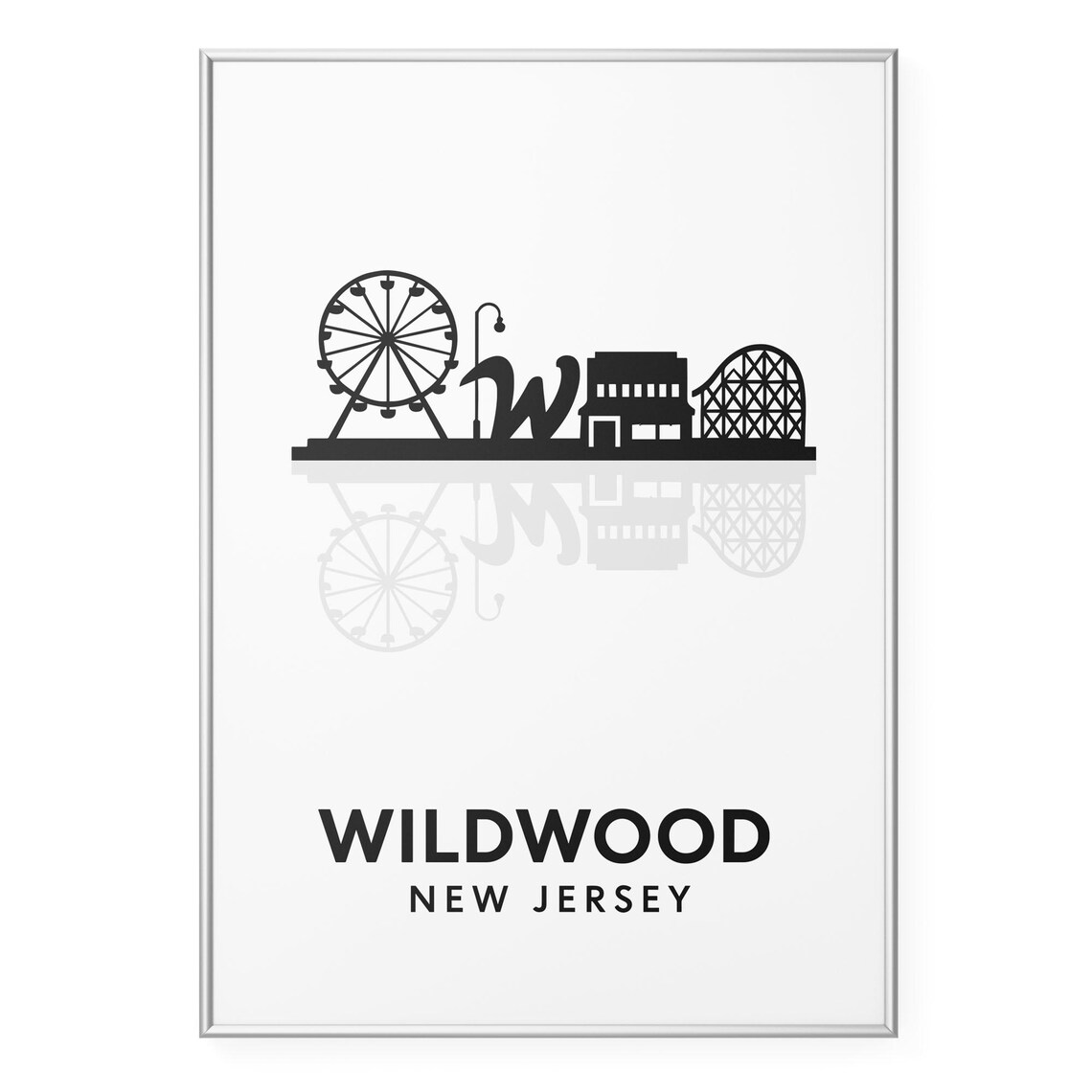 Wildwood New Jersey Boardwalk Poster with Ferris Wheel Skyline Silhouette