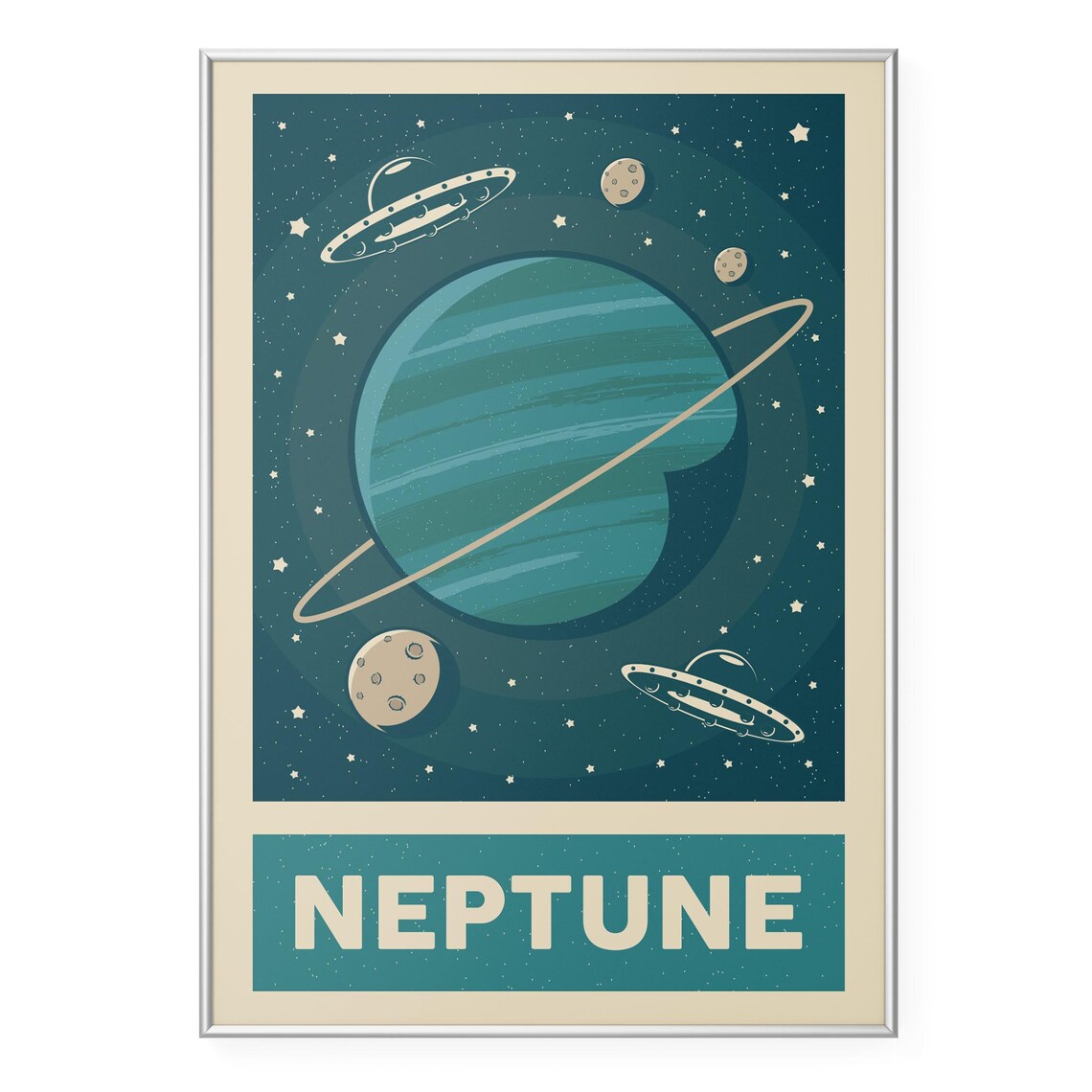 Retro Neptune Planet UFO Flying Saucers Vintage Space Poster Art
