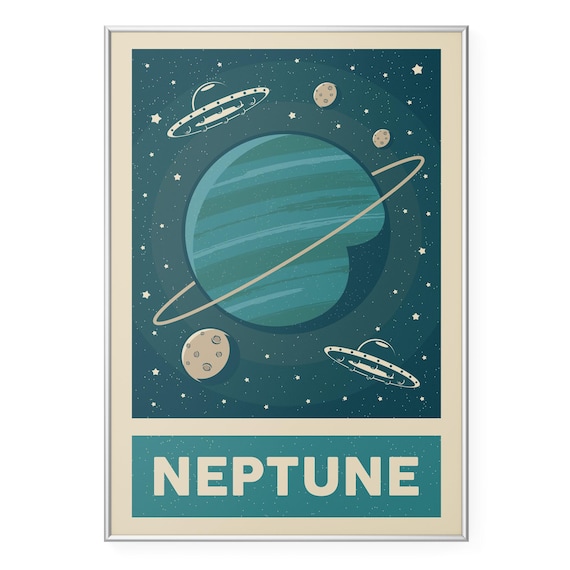 Retro Neptune Planet UFO Flying Saucers Vintage Space Poster Art