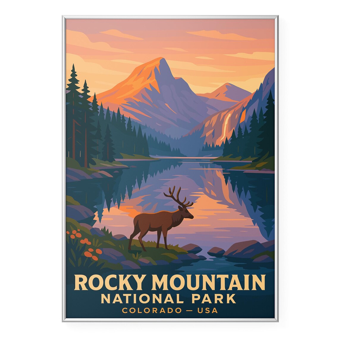 Rocky Mountain National Park Sunset Elk Lake Illustration Travel Poster