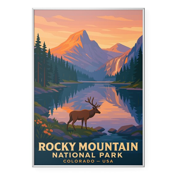 Rocky Mountain National Park Sunset Elk Lake Illustration Travel Poster