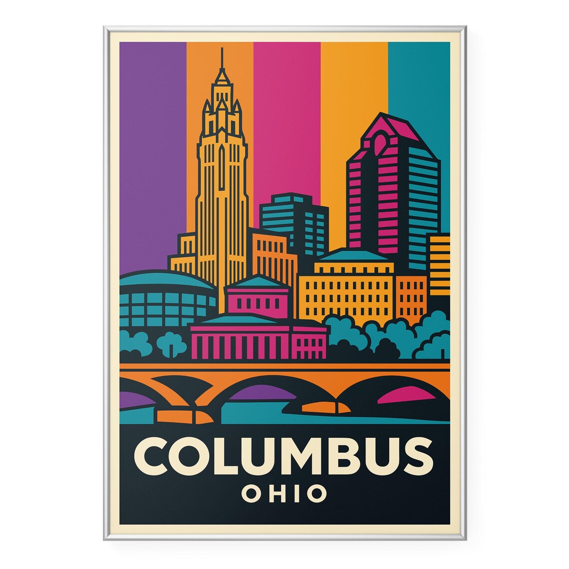 Columbus Ohio Retro Skyline Travel Poster Pop Art Cityscape Decor Art