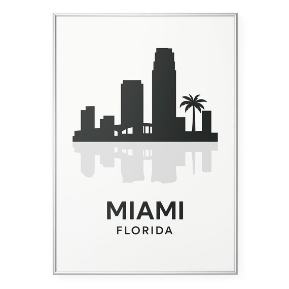 Miami Florida Downtown Skyline Silhouette Palm Tree Travel Poster