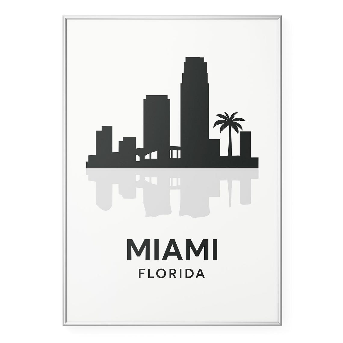 Miami Florida Downtown Skyline Silhouette Palm Tree Travel Poster