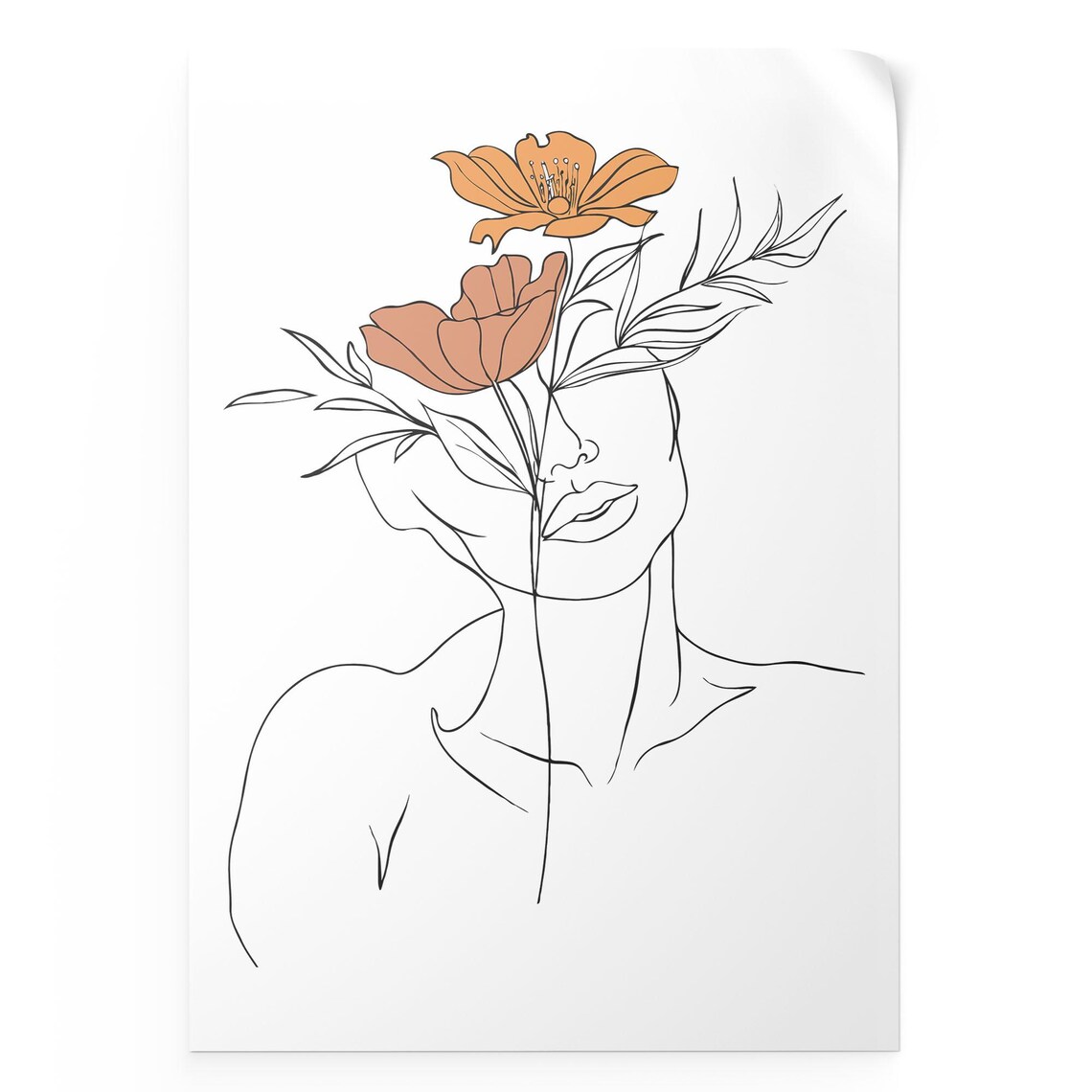 Woman Face Line Art With Flowers Over Face Neutral Boho Wall Art
