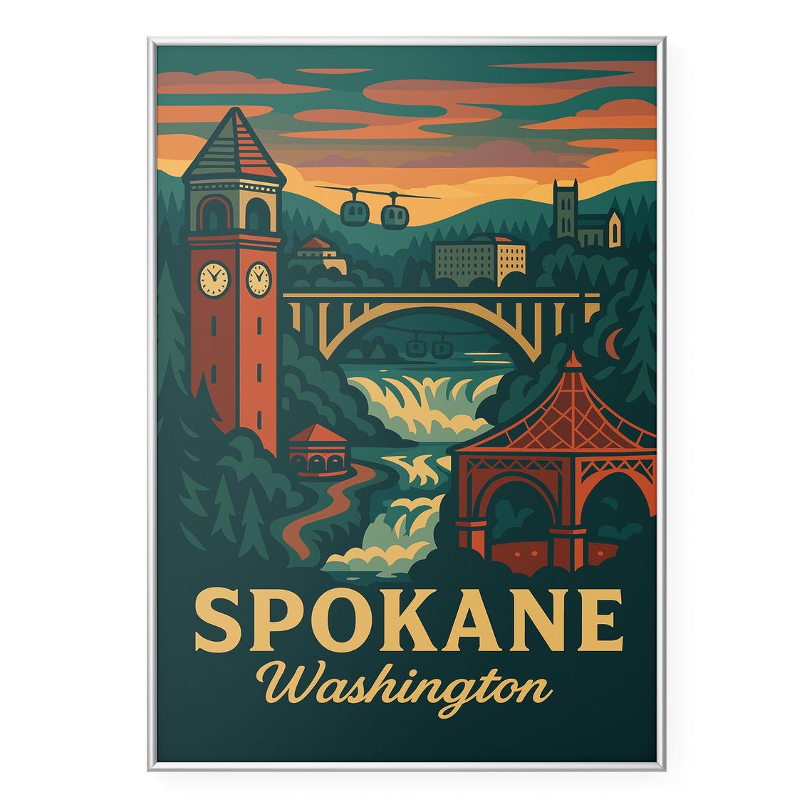 Spokane Washington Retro Riverfront Park Falls Sunset Travel Poster