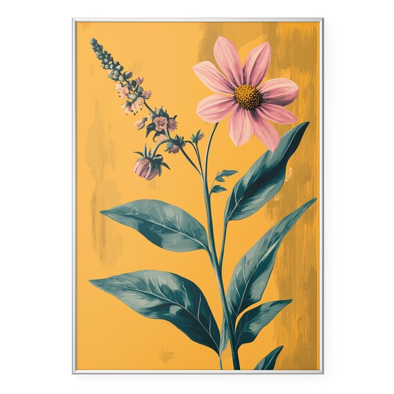Pink Flower Botanical Wall Art Print Modern Vintage Floral Poster Bold Illustration Boho Nature Inspired Home Decor