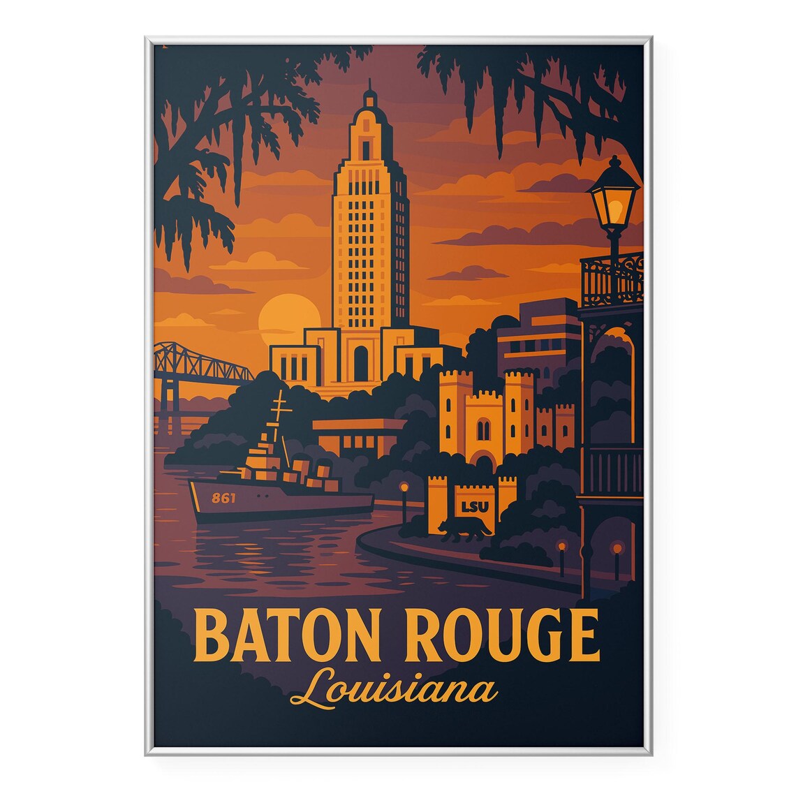 Baton Rouge Louisiana State Capitol Retro Travel Illustration Poster