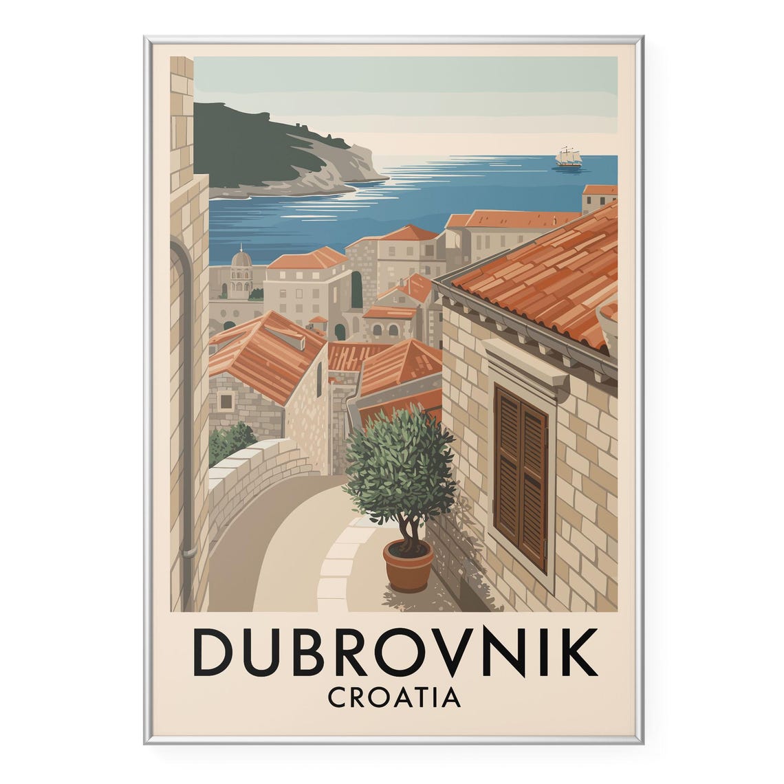 Dubrovnik Croatia Old Town Travel Poster with Orange Rooftops and Sea