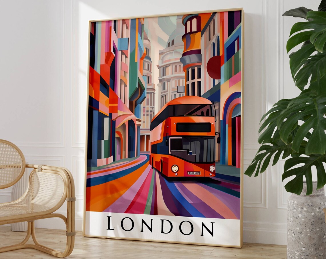 London Red Double Decker Bus Colorful Rainbow Street Travel Poster - Image 3