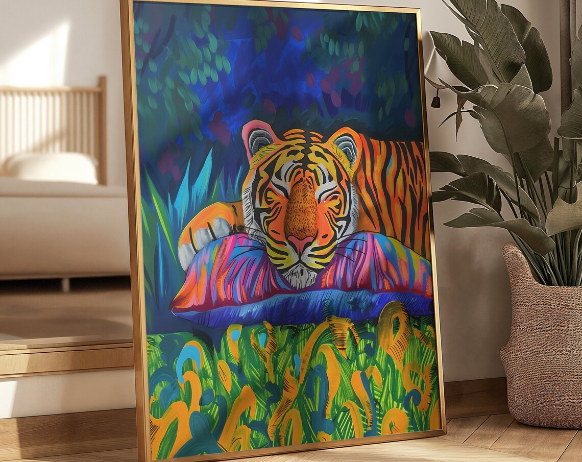 Neon Colorful Tiger Jungle Night Resting Tropical Wall Art Decor - Image 4