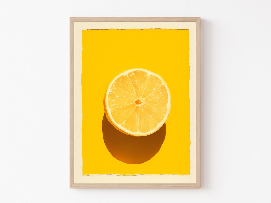Juicy Lemon Half Centered on a Bold Yellow Pop Art Kitchen Poster