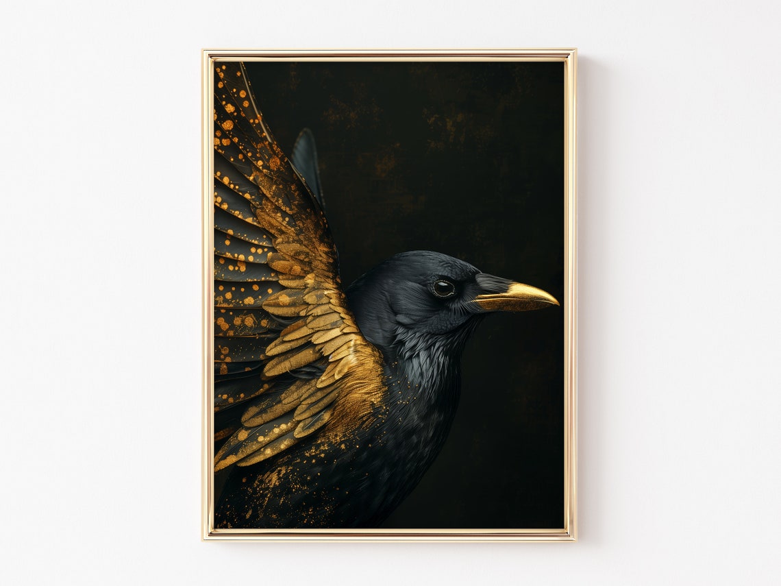 Dramatic Black Bird with Gold-Dusted Wings and Beak on Black Poster