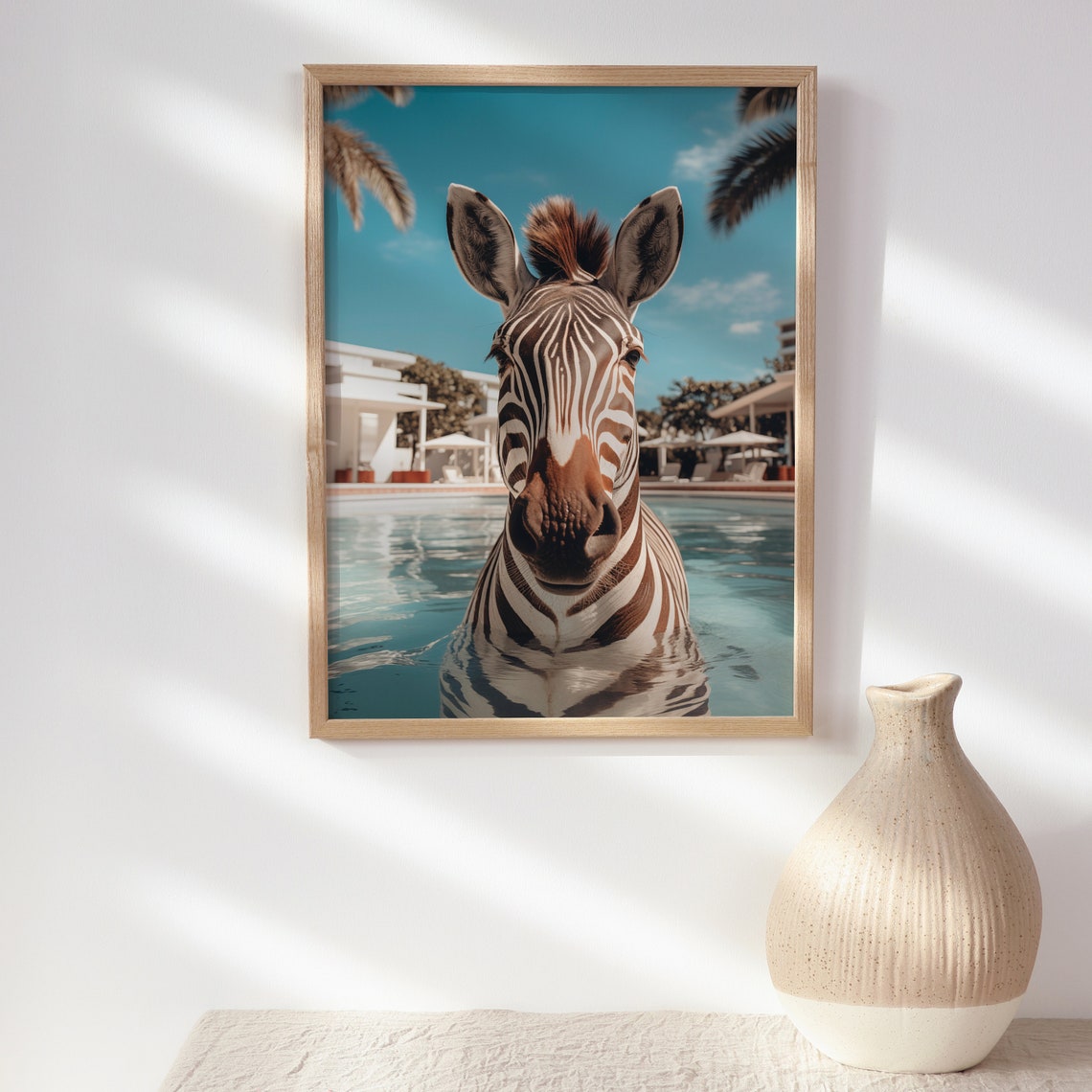 Zebra Swimming In Turquoise Resort Pool Funny Summer Wall Art - Image 2