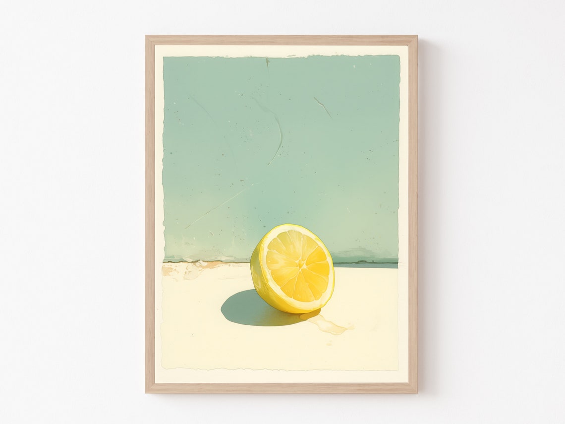 Serene Minimalist Half Lemon Resting on Warm Beach Sand Poster