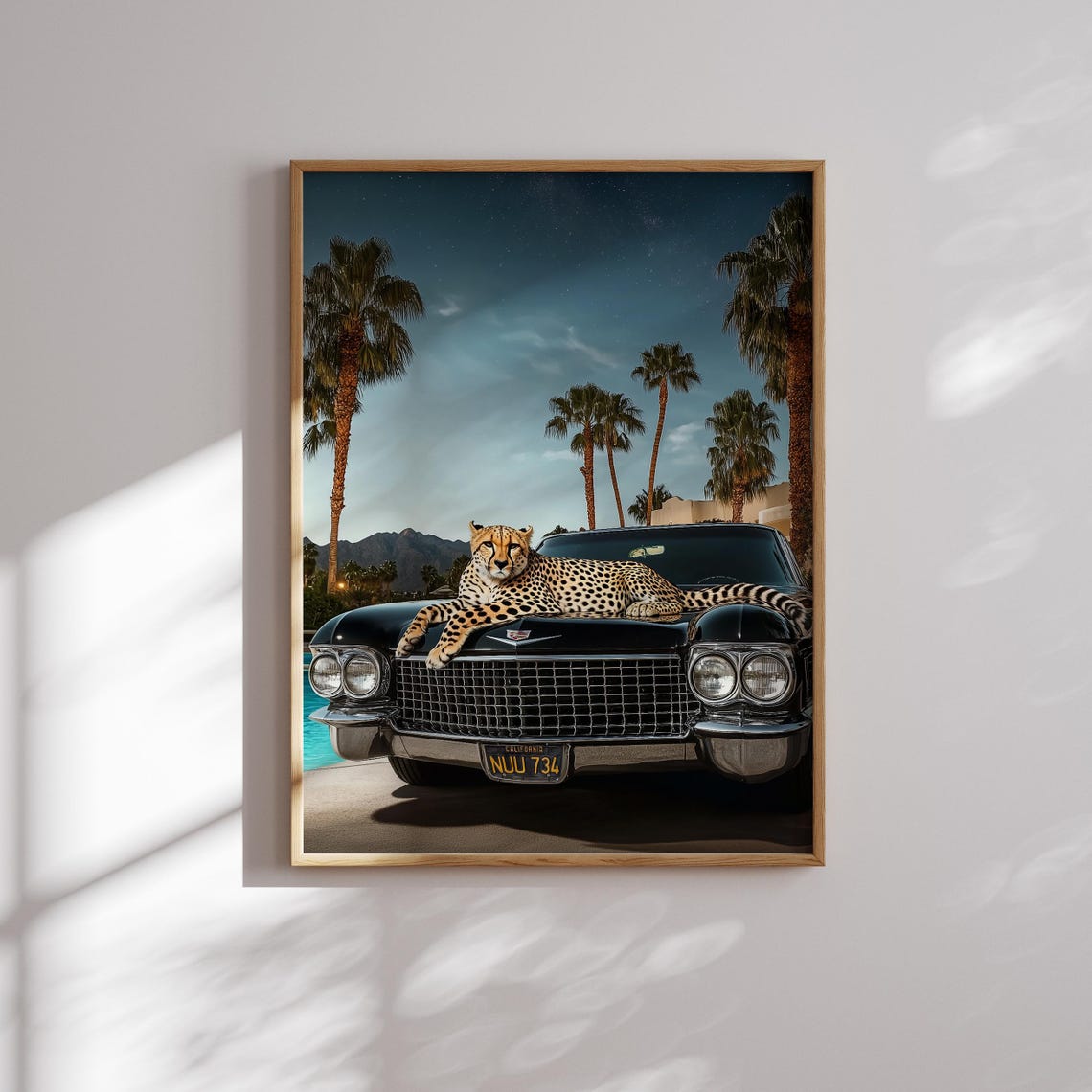 Cheetah Lounging on a Black Vintage Cadillac Hood at Dusk Poster - Image 2