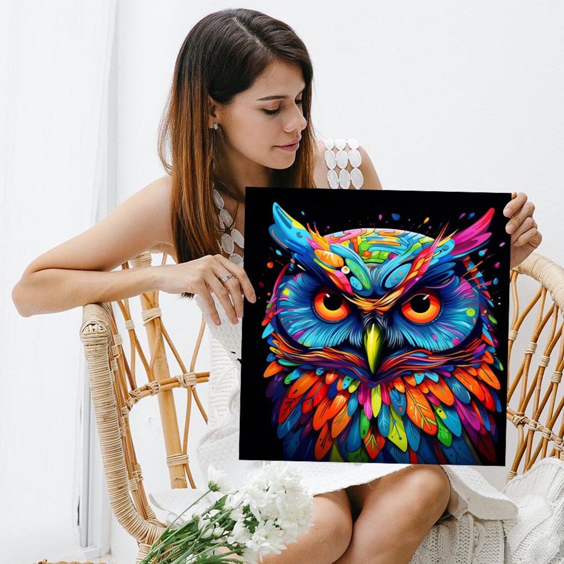 Psychedelic Owl Portrait Neon Color Explosion On Black Poster - Image 3