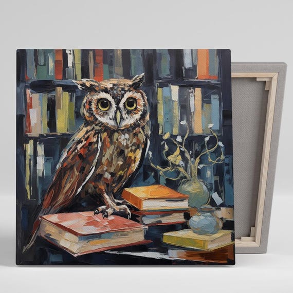 Wise Owls Literary Perch Art Or Poster Animal Whimsical Decor Library Office Living Room Study Art Brown Orange Blue Multicolor