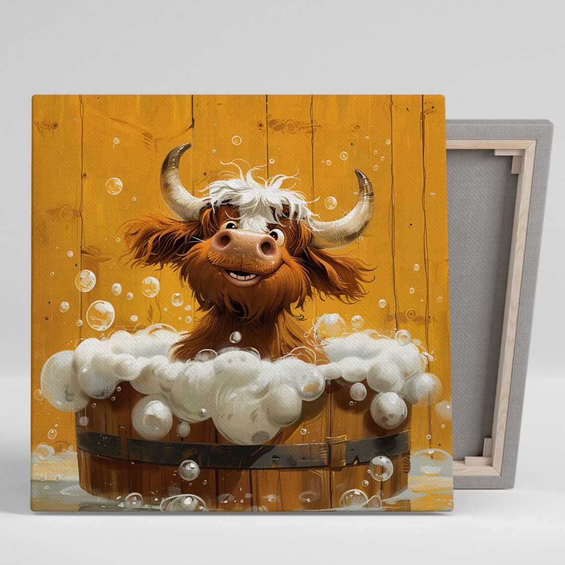Happy Highland Cow Bubble Bath Wooden Barrel Farm Animal Poster