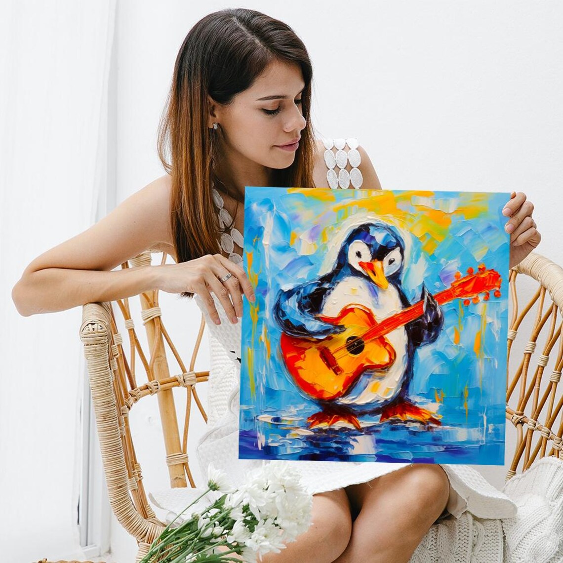Rockstar Penguin Playing Guitar Oil Painting Cute Music Animal Poster - Image 3