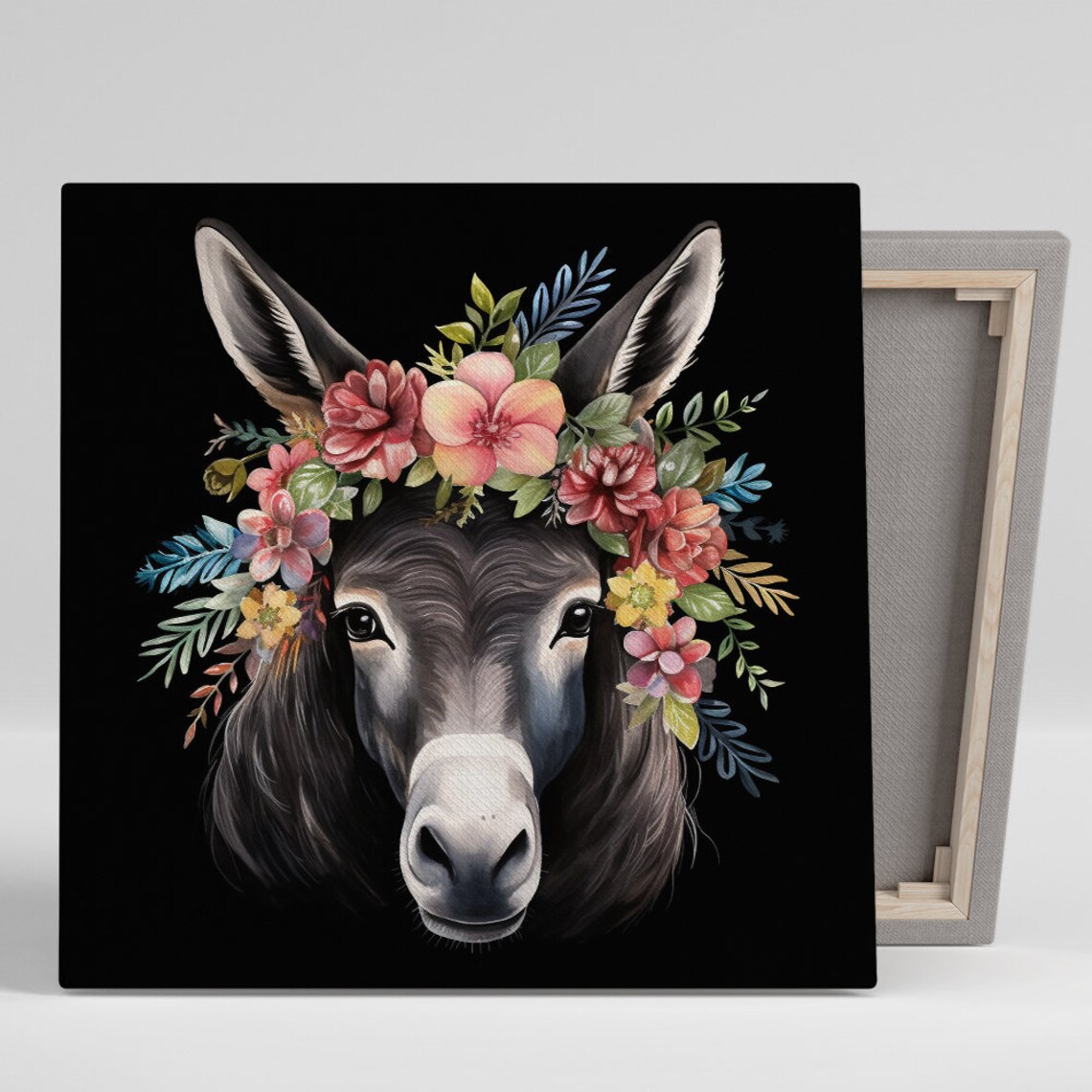 Donkey With Floral Crown On Black Bohemian Flower Animal Poster