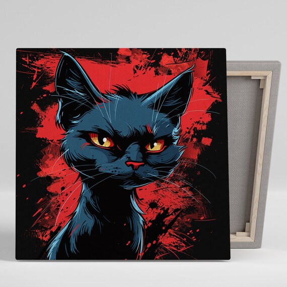 Fierce Black Cat Amber Eyes Red Splatter Comic Style Animal Poster