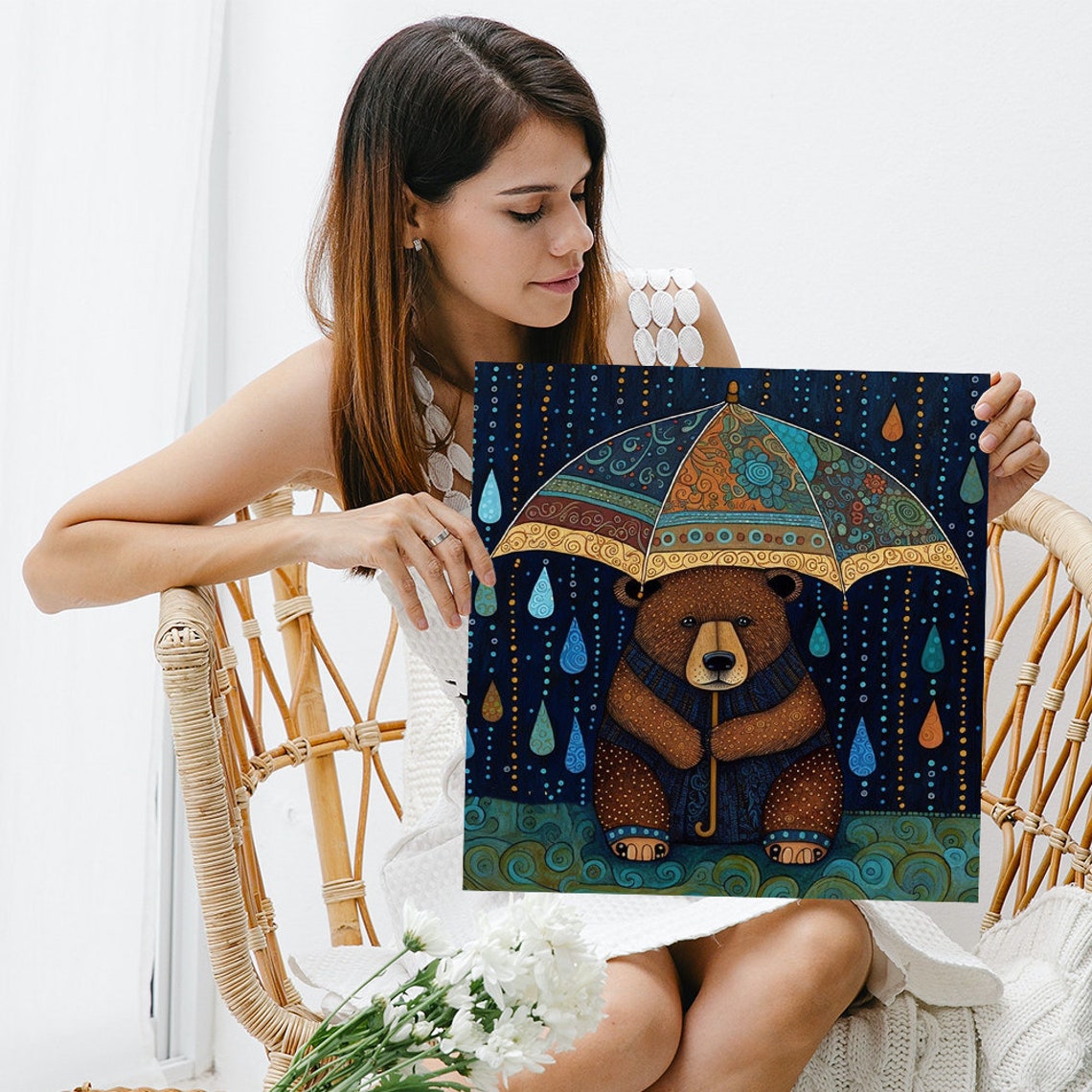 Whimsical Bear With Patterned Umbrella Rainy Night Folk Art Poster - Image 3