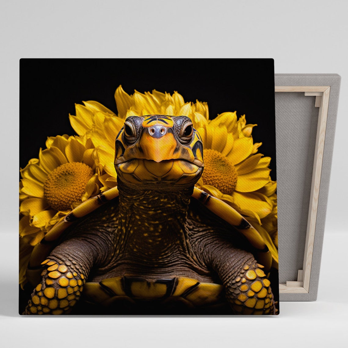 Tortoise Portrait With Sunflowers on Black Background Poster