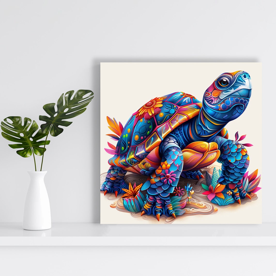 Vibrant Psychedelic Sea Turtle Floral Bohemian Animal Wall Poster - Image 2