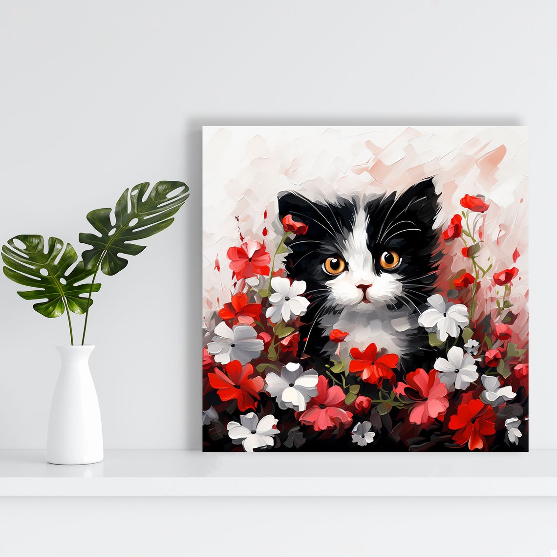 Black And White Kitten Among Red Flowers Cute Floral Cat Canvas Poster - Image 3