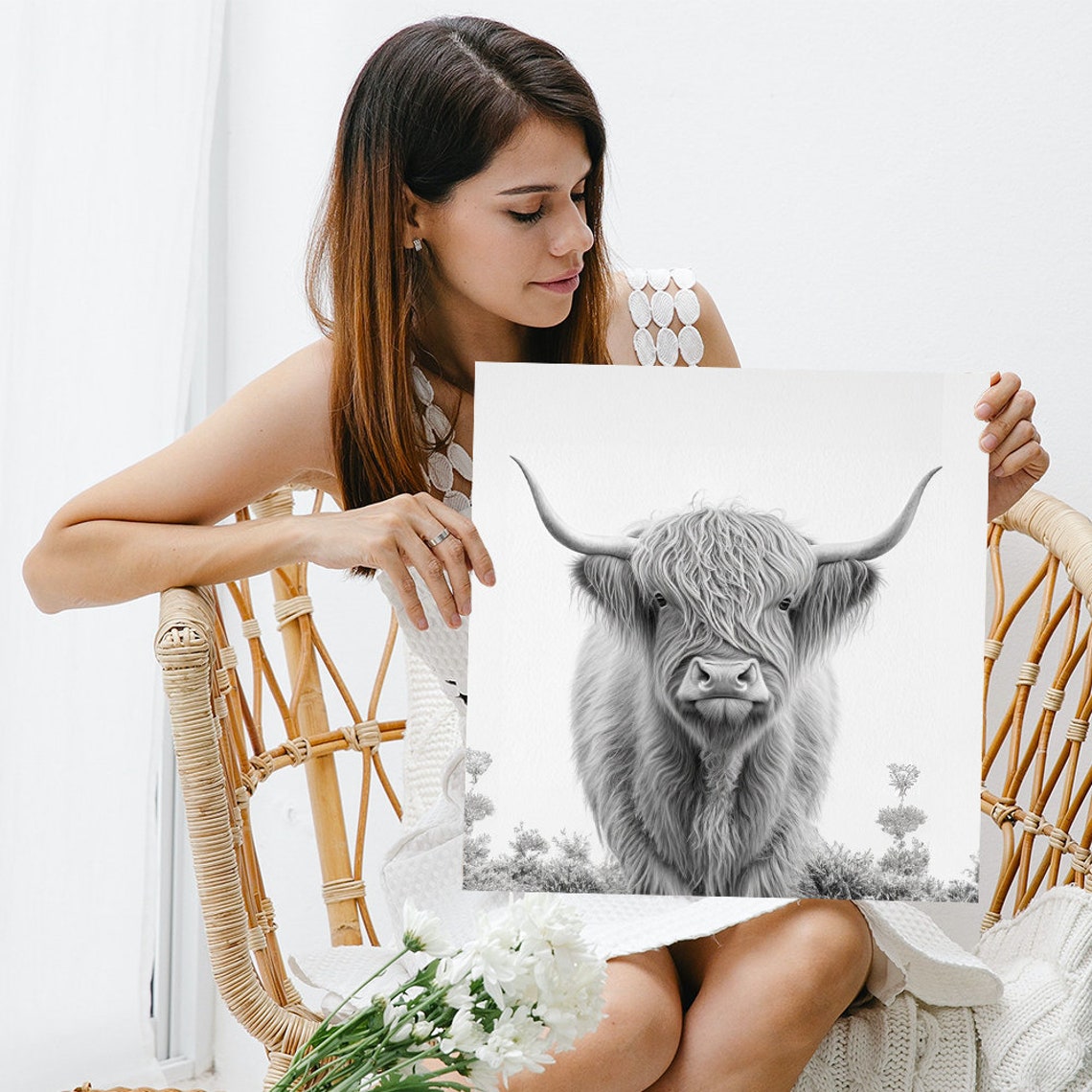 Highland Cow Black White Rustic Farmhouse Shaggy Portrait Wall Art - Image 3