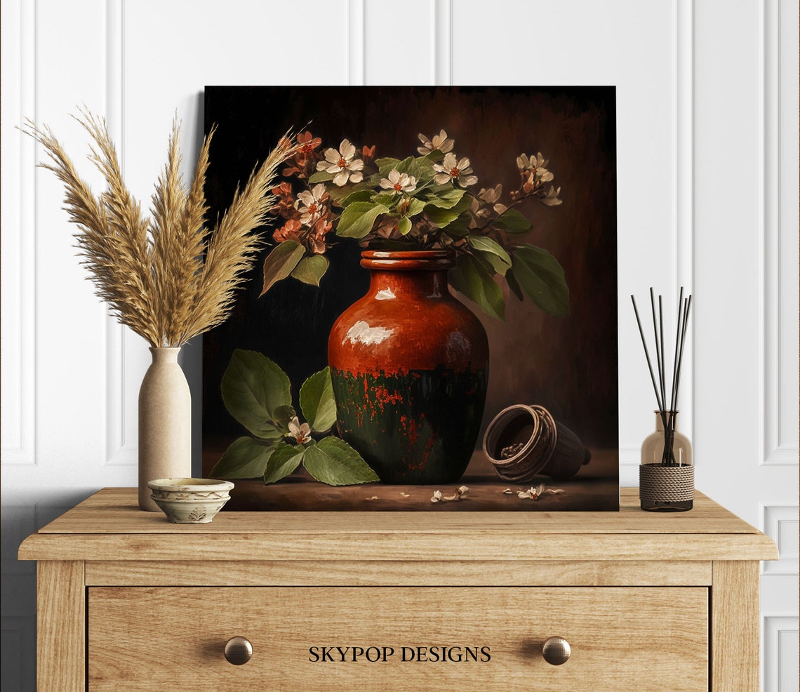 White Blossom Branches Red Glazed Bottle Vase Spring Still Life Poster - Image 2