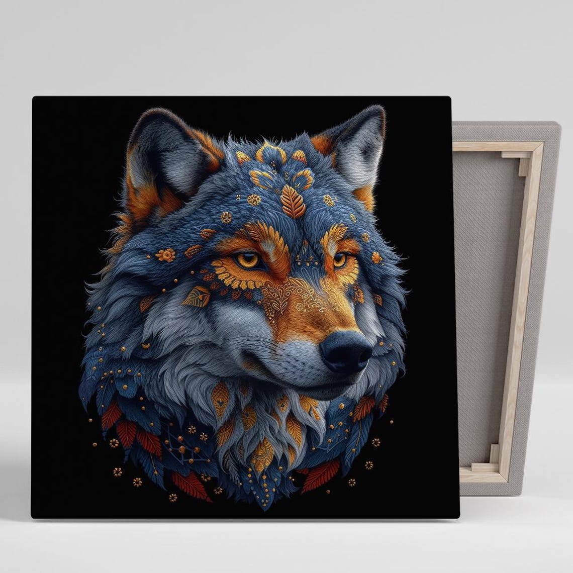 Mystical Wolf Head Golden Ornamental Pattern On Black Wall Art Poster
