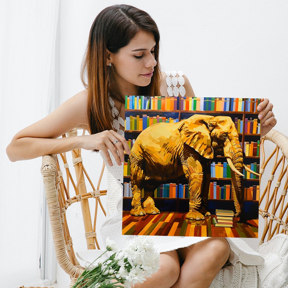 Golden Elephant Standing in Library Among Colorful Books Wall Art - Image 3