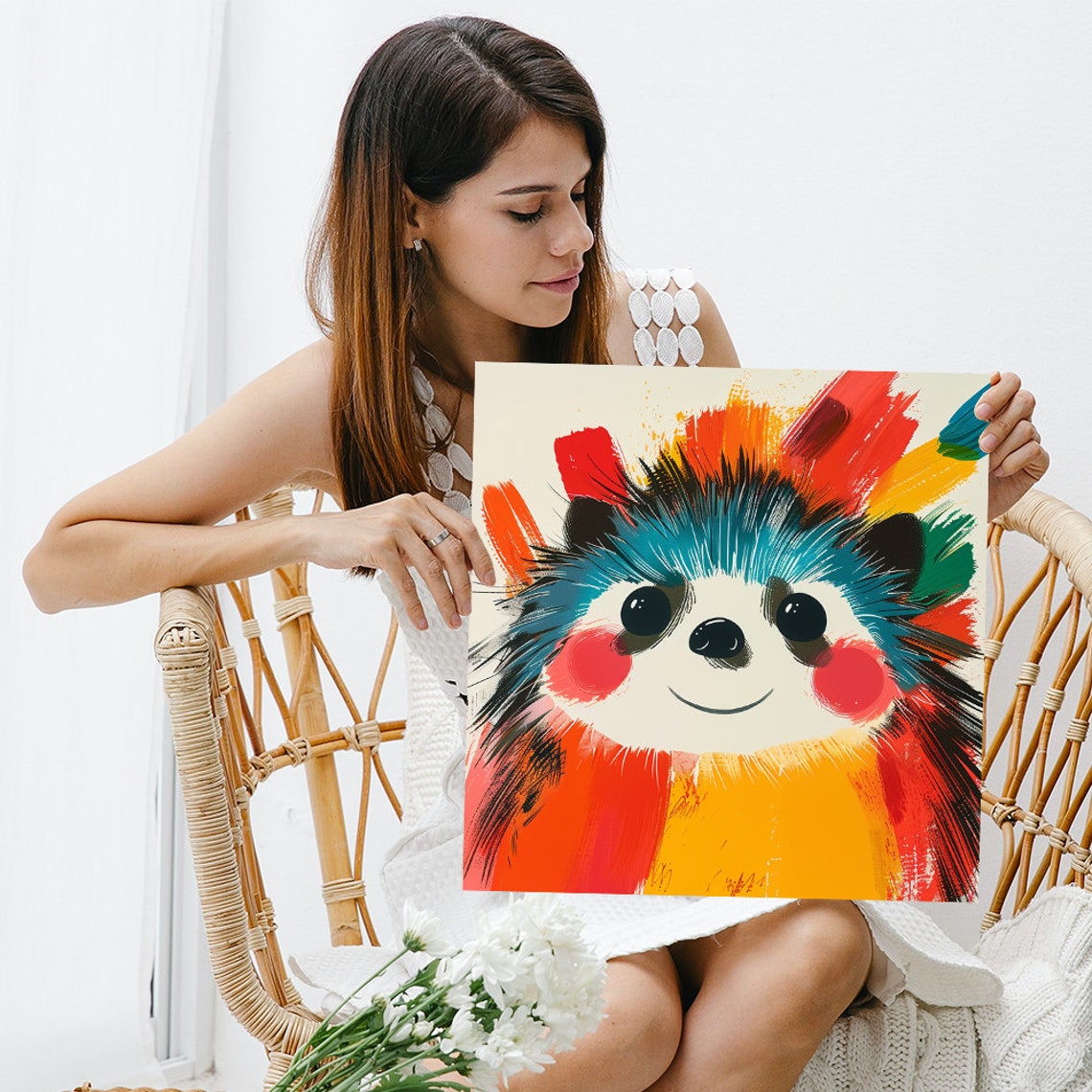 Smiling Hedgehog Colorful Paint Splash Cheerful Nursery Animal Poster - Image 3