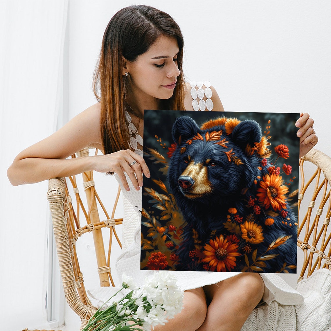 Black Bear Autumn Floral Portrait Orange Blossom Wildlife Poster - Image 3