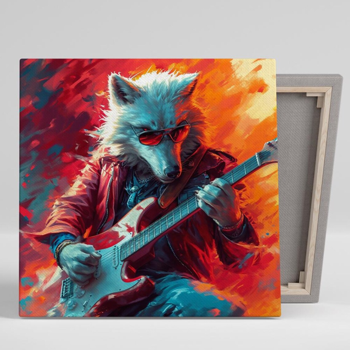 Wolf Guitarist Red Sunglasses Electric Guitar Fiery Rock Music Poster