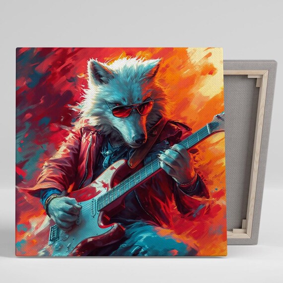 Wolf Guitarist Red Sunglasses Electric Guitar Fiery Rock Music Poster