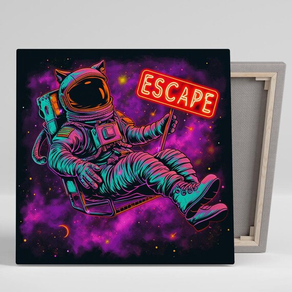 Cat Astronaut Neon Escape Sign Purple Galaxy Pop Retro Space Poster