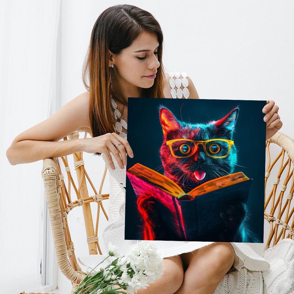 Neon Black Cat with Yellow Glasses Reading Book Pop Style Poster - Image 3