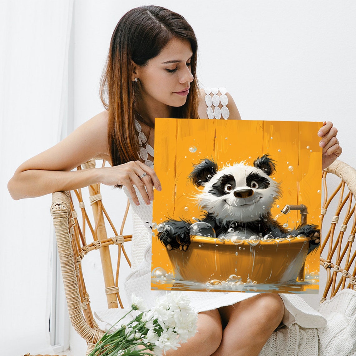 Baby Panda in Yellow Bathtub Bubbles Cute Nursery Bathroom Art Poster - Image 3