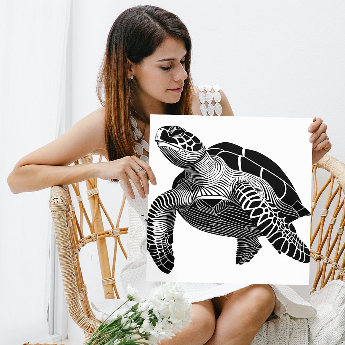 Geometric Sea Turtle Black White Line Art Minimalist Ocean Wall Poster - Image 3