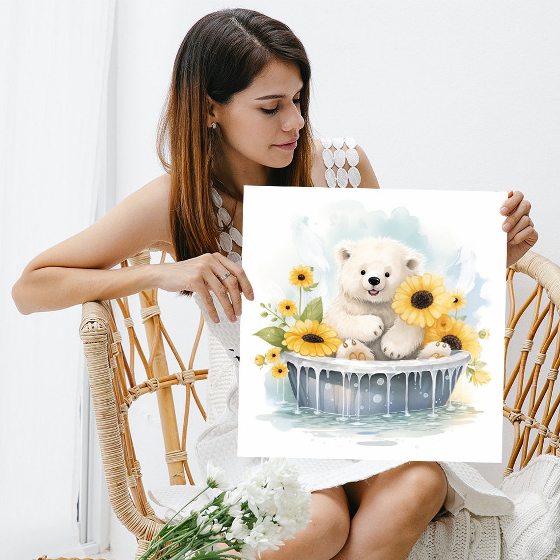 Smiling Polar Bear Cub Bathing Tub Sunflowers Soft Watercolor Poster - Image 3